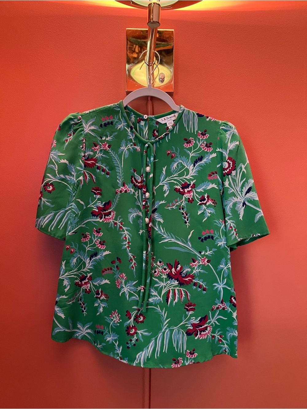 Vintage LK Bennett Green Floral Tie-Neck Short Sleeve Blouse